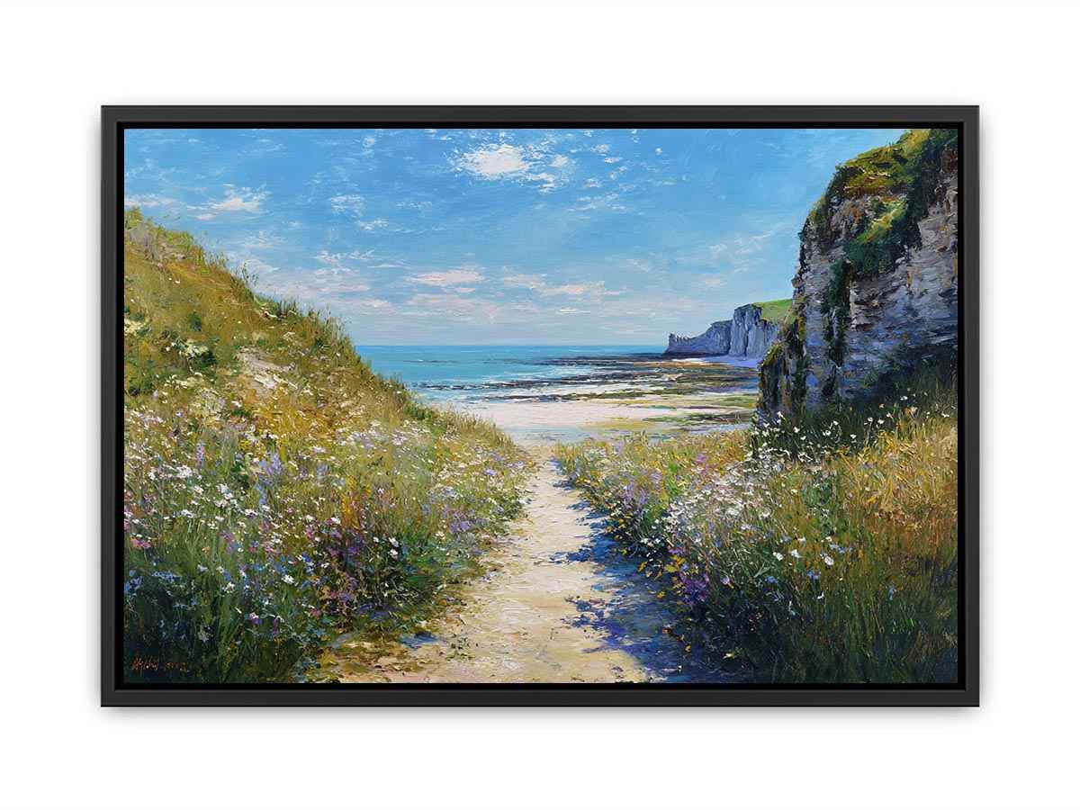 Coastal pathway canvas art with ocean cliffs and wildflowers for modern living room decor.
