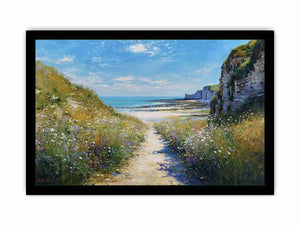 Coastal pathway canvas art with ocean cliffs and wildflowers for modern living room decor.