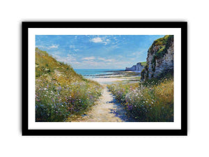 Coastal pathway canvas art with ocean cliffs and wildflowers for modern living room decor.