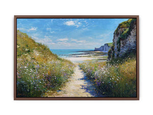 Coastal pathway canvas art with ocean cliffs and wildflowers for modern living room decor.