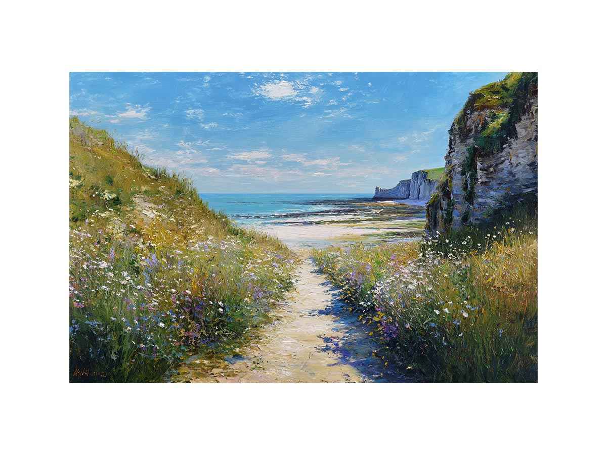 Coastal pathway canvas art with ocean cliffs and wildflowers for modern living room decor.
