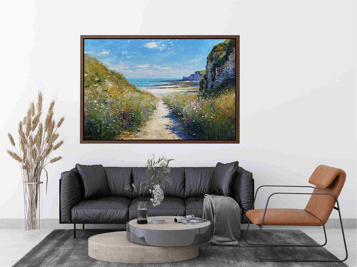 Coastal pathway canvas art with ocean cliffs and wildflowers for modern living room decor.
