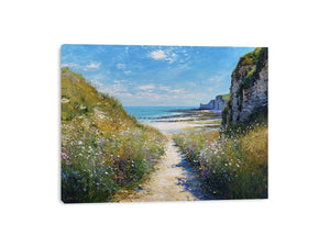 Coastal pathway canvas art with ocean cliffs and wildflowers for modern living room decor.