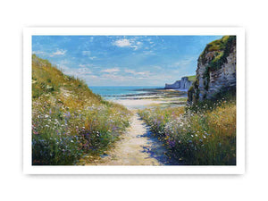 Coastal pathway canvas art with ocean cliffs and wildflowers for modern living room decor.