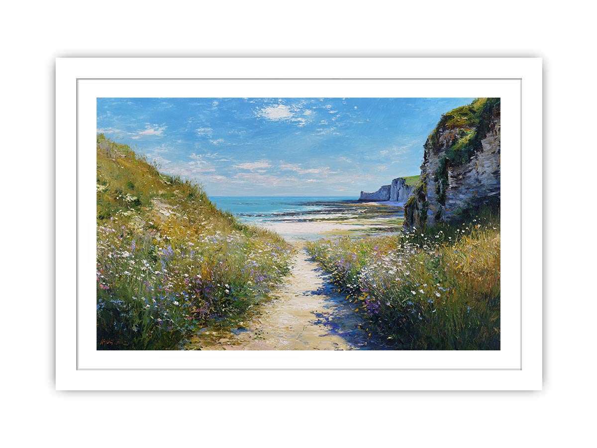 Coastal pathway canvas art with ocean cliffs and wildflowers for modern living room decor.
