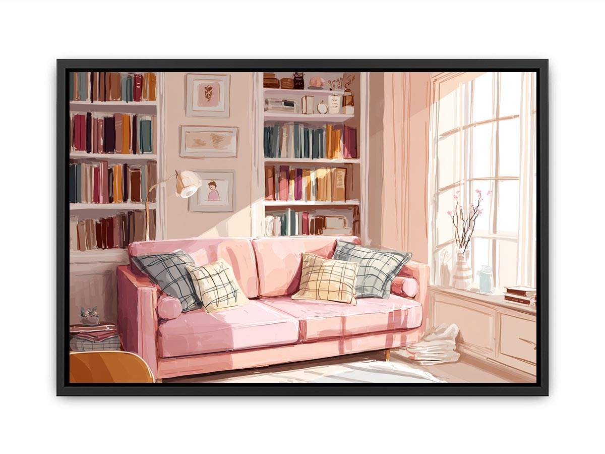 Pink reading room canvas art with sofa and bookshelves for cozy bedroom or office decor.
