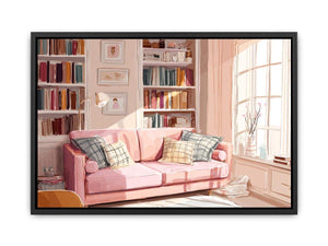 Pink reading room canvas art with sofa and bookshelves for cozy bedroom or office decor.