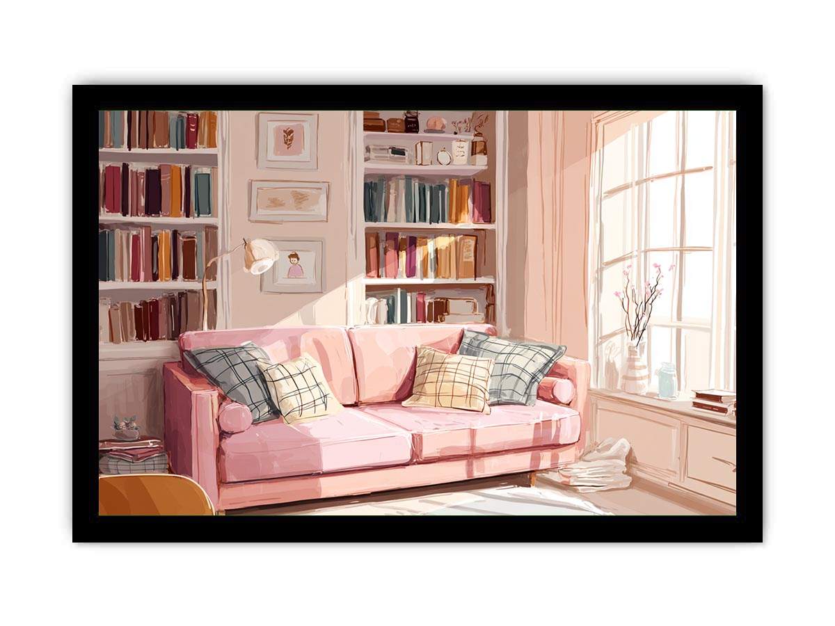 Pink reading room canvas art with sofa and bookshelves for cozy bedroom or office decor.