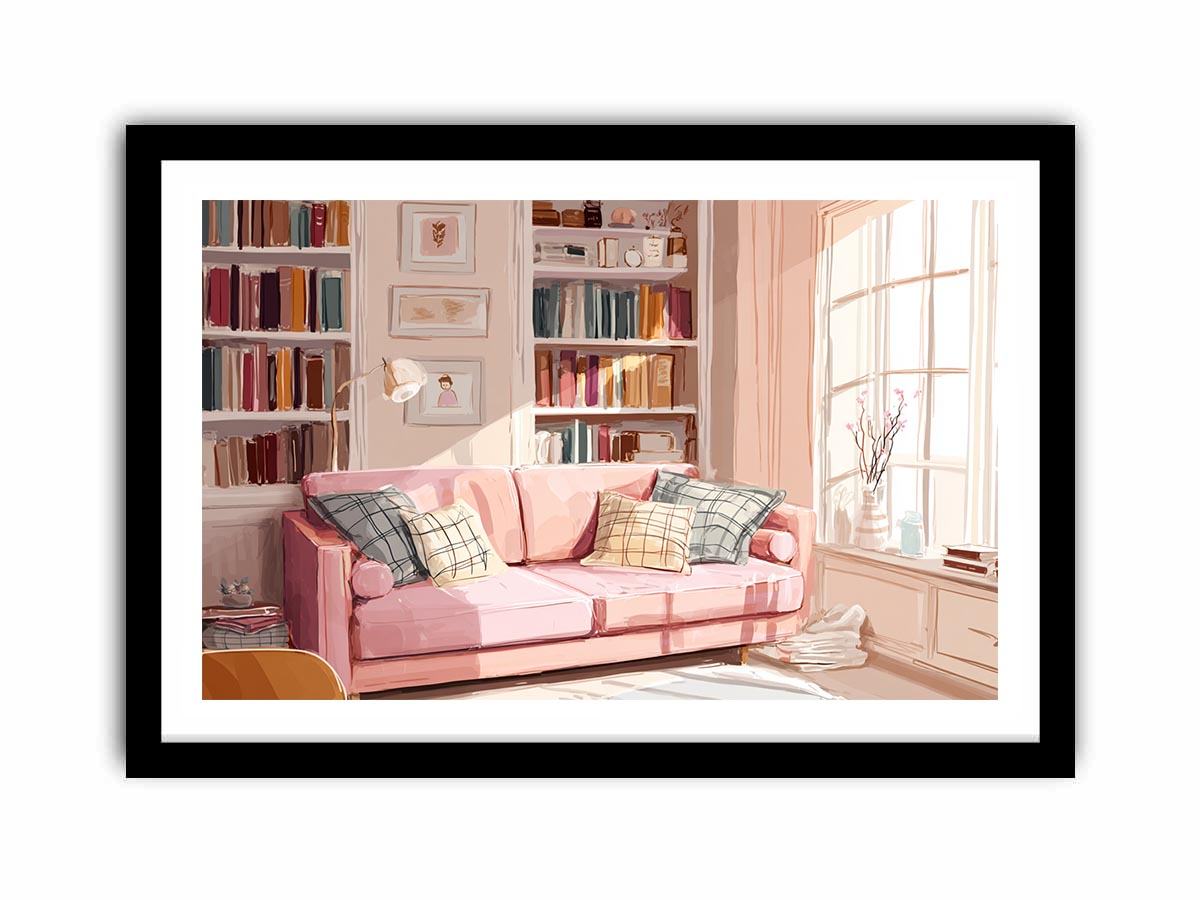 Pink reading room canvas art with sofa and bookshelves for cozy bedroom or office decor.
