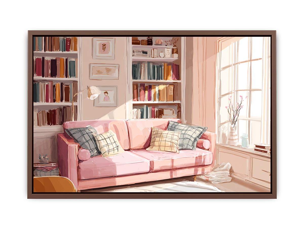 Pink reading room canvas art with sofa and bookshelves for cozy bedroom or office decor.