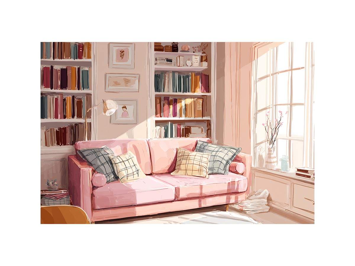Pink reading room canvas art with sofa and bookshelves for cozy bedroom or office decor.