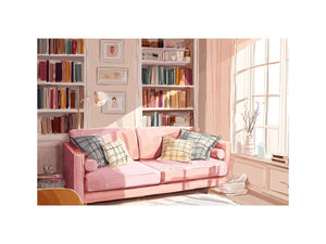 Pink reading room canvas art with sofa and bookshelves for cozy bedroom or office decor.