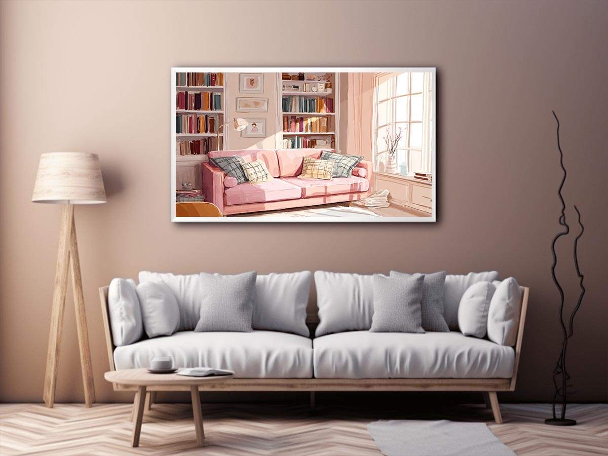 Pink reading room canvas art with sofa and bookshelves for cozy bedroom or office decor.