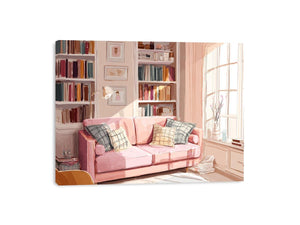 Pink reading room canvas art with sofa and bookshelves for cozy bedroom or office decor.