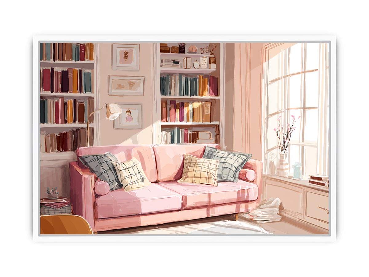 Pink reading room canvas art with sofa and bookshelves for cozy bedroom or office decor.