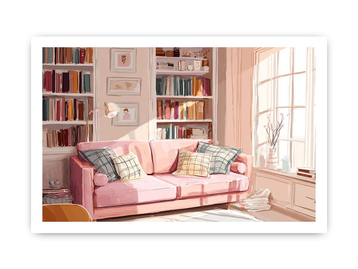 Pink reading room canvas art with sofa and bookshelves for cozy bedroom or office decor.