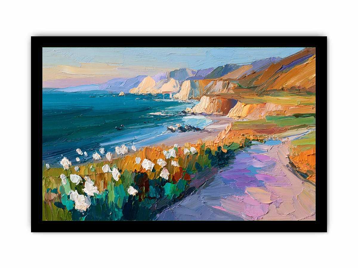 Vibrant coastal cliff canvas art with ocean, pathway and flowers for living room decor.