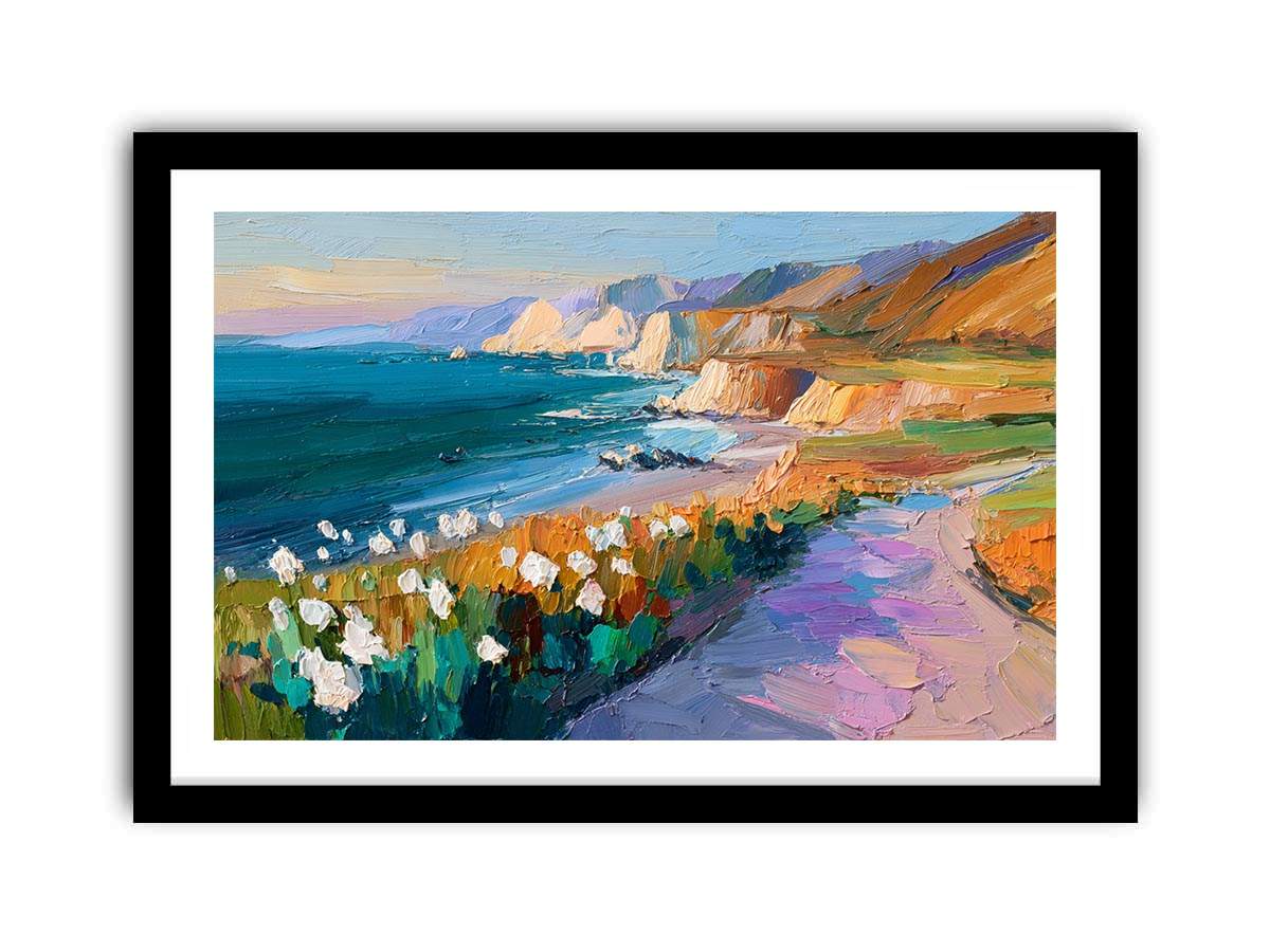 Vibrant coastal cliff canvas art with ocean, pathway and flowers for living room decor.