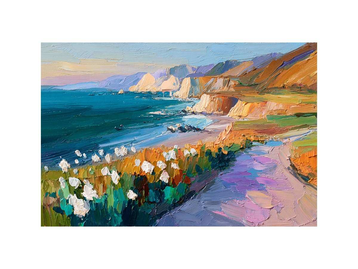 Vibrant coastal cliff canvas art with ocean, pathway and flowers for living room decor.