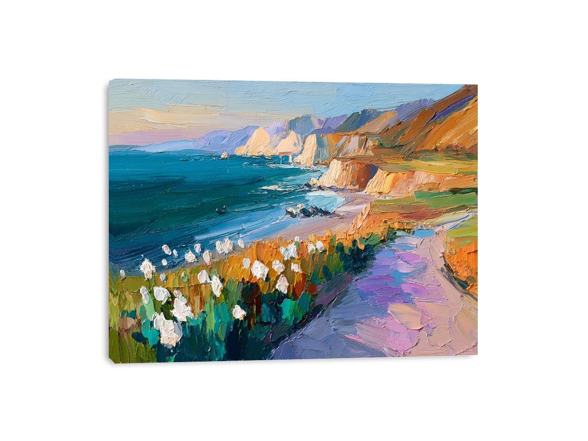 Vibrant coastal cliff canvas art with ocean, pathway and flowers for living room decor.