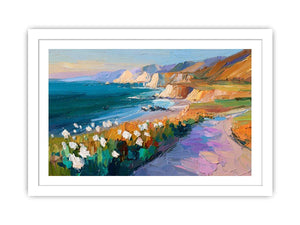 Vibrant coastal cliff canvas art with ocean, pathway and flowers for living room decor.