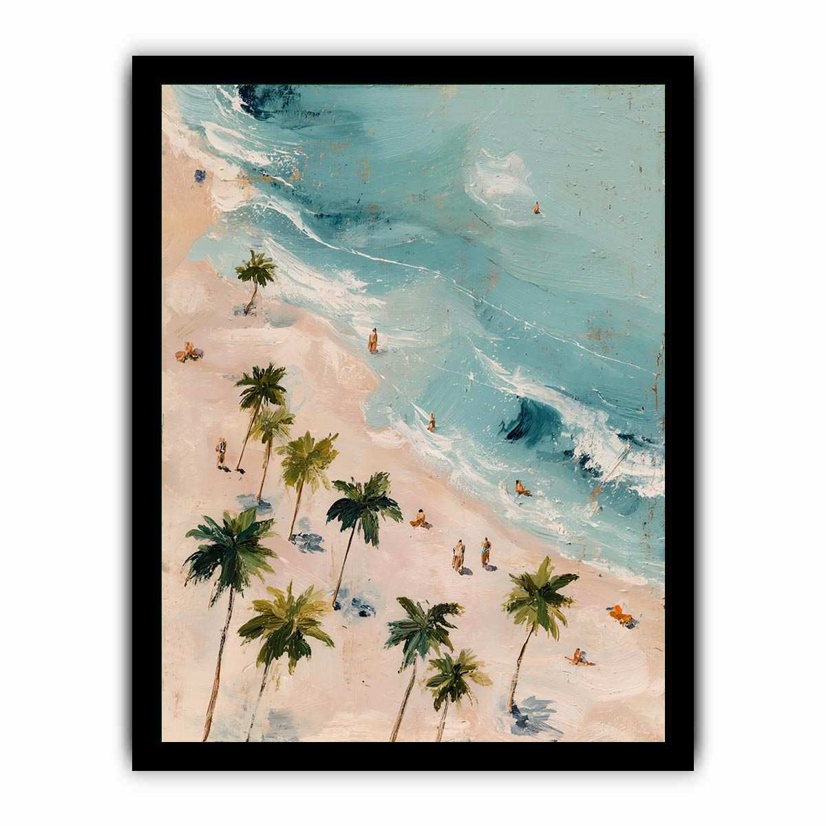 Aerial tropical beach canvas art with palm trees and turquoise water for bedroom decor.