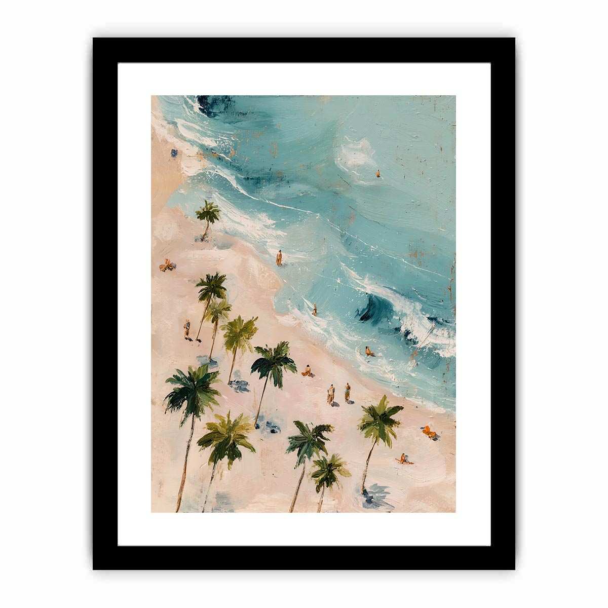 Aerial tropical beach canvas art with palm trees and turquoise water for bedroom decor.