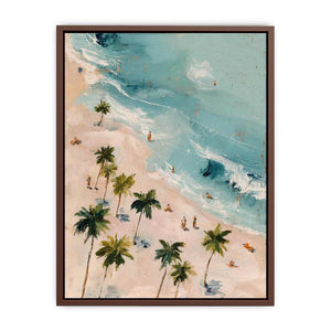 Aerial tropical beach canvas art with palm trees and turquoise water for bedroom decor.