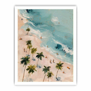 Aerial tropical beach canvas art with palm trees and turquoise water for bedroom decor.