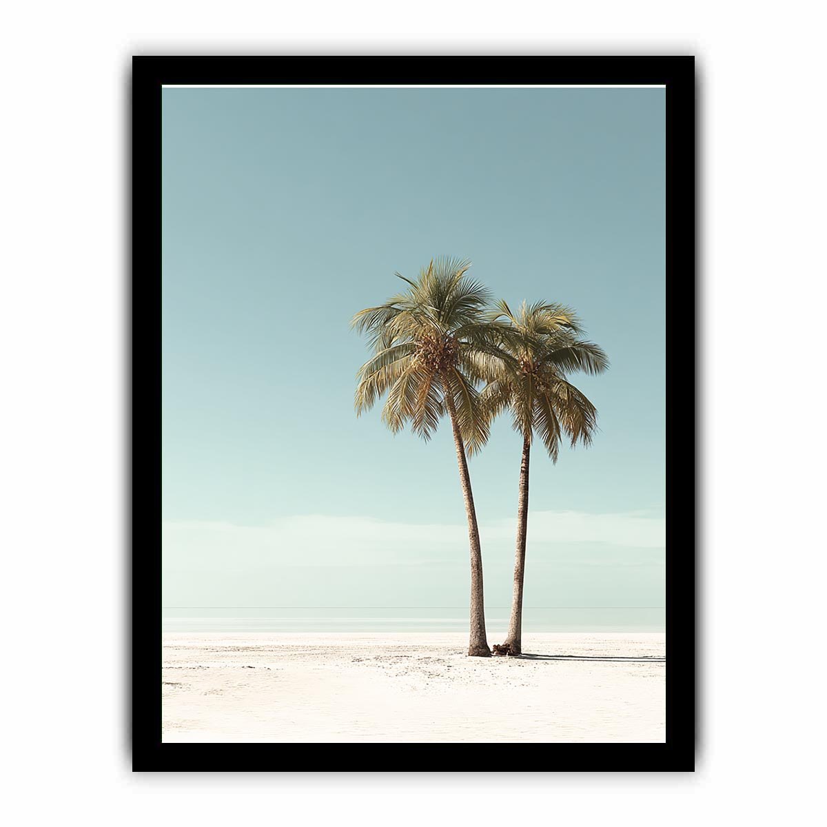 Minimal twin palm trees canvas art with soft beach sky for modern bedroom decor.