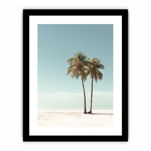 Minimal twin palm trees canvas art with soft beach sky for modern bedroom decor.