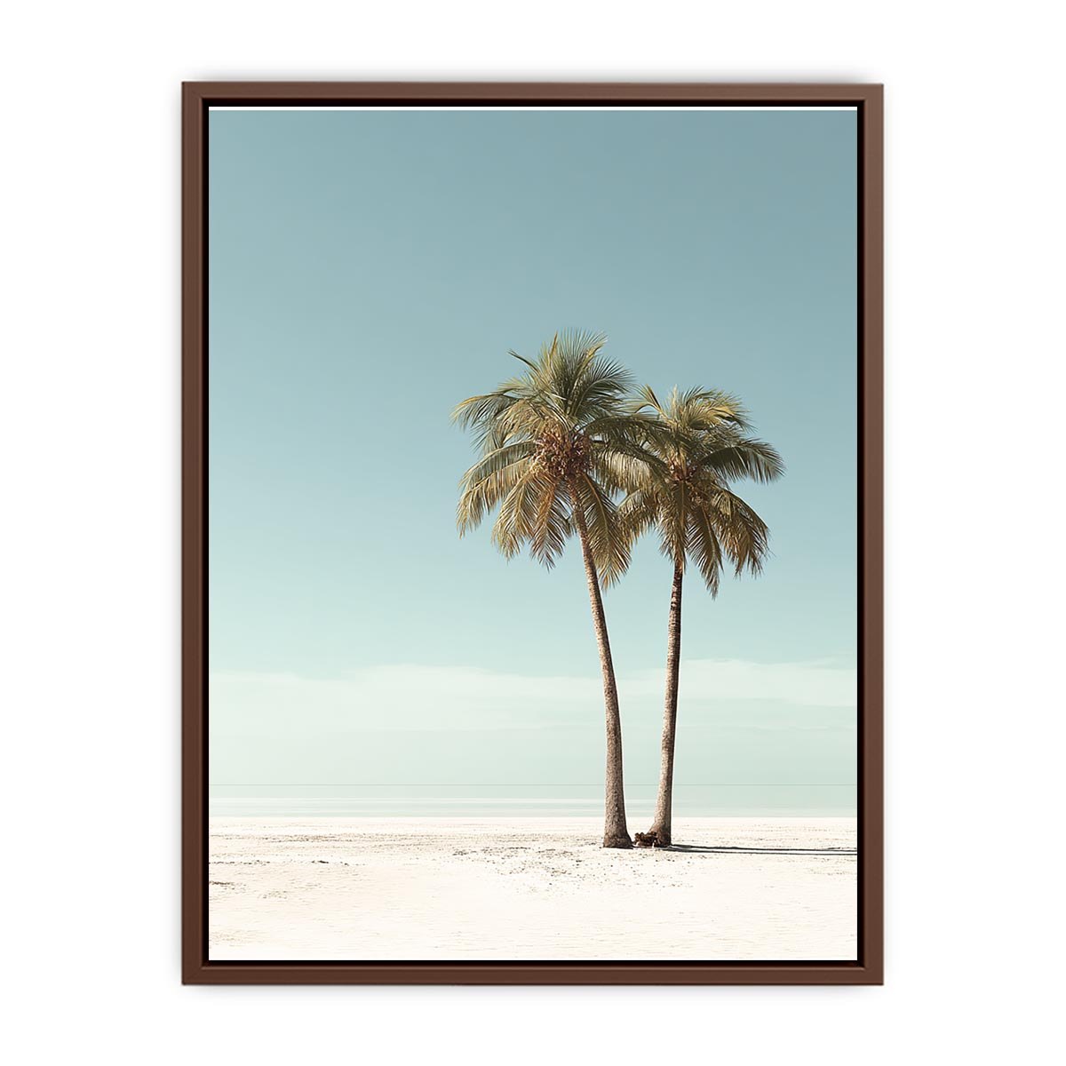 Minimal twin palm trees canvas art with soft beach sky for modern bedroom decor.