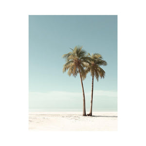 Minimal twin palm trees canvas art with soft beach sky for modern bedroom decor.
