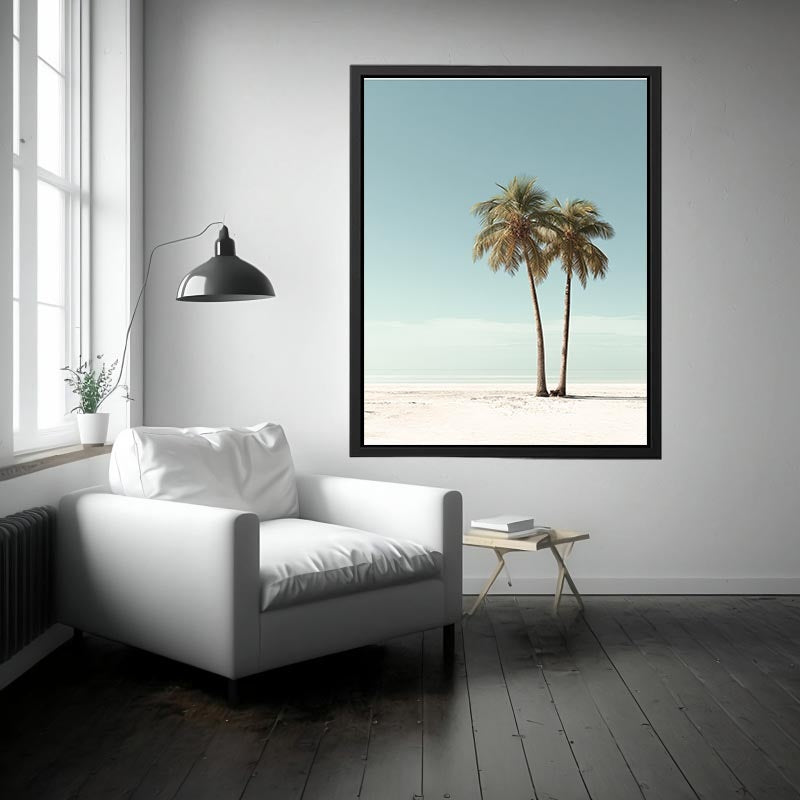 Minimal twin palm trees canvas art with soft beach sky for modern bedroom decor.