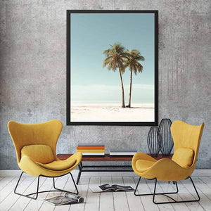 Minimal twin palm trees canvas art with soft beach sky for modern bedroom decor.