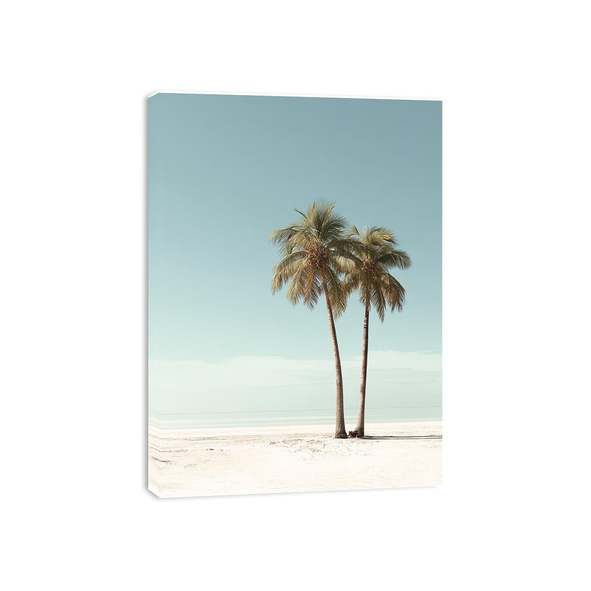 Minimal twin palm trees canvas art with soft beach sky for modern bedroom decor.