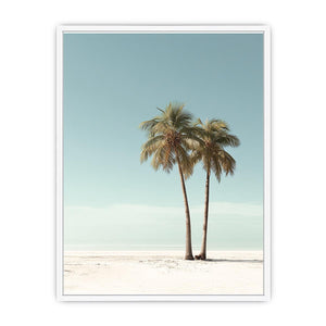 Minimal twin palm trees canvas art with soft beach sky for modern bedroom decor.