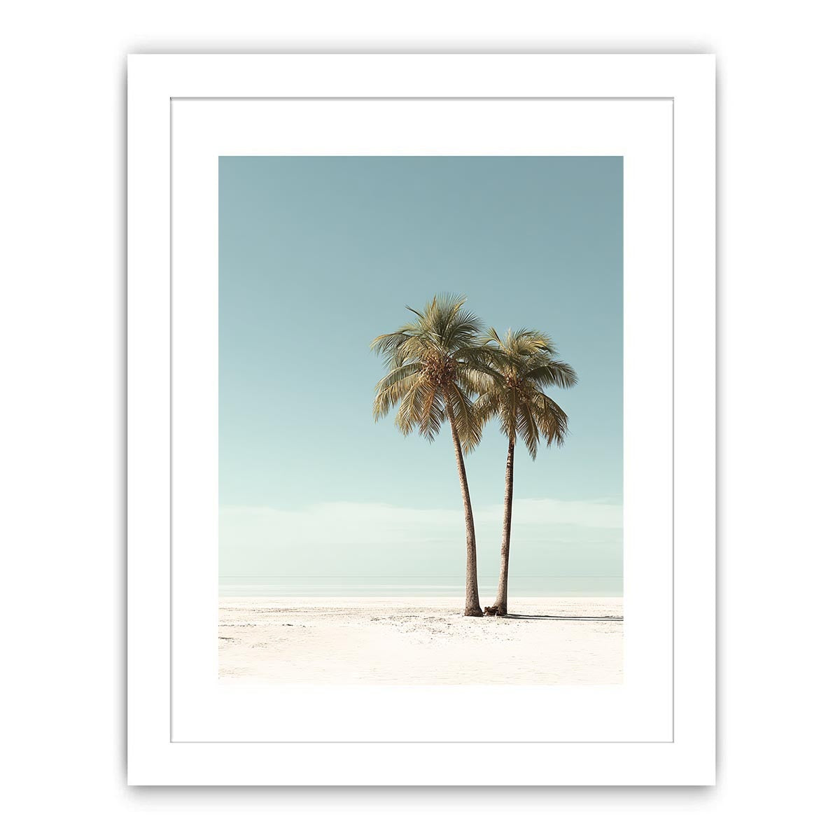 Minimal twin palm trees canvas art with soft beach sky for modern bedroom decor.