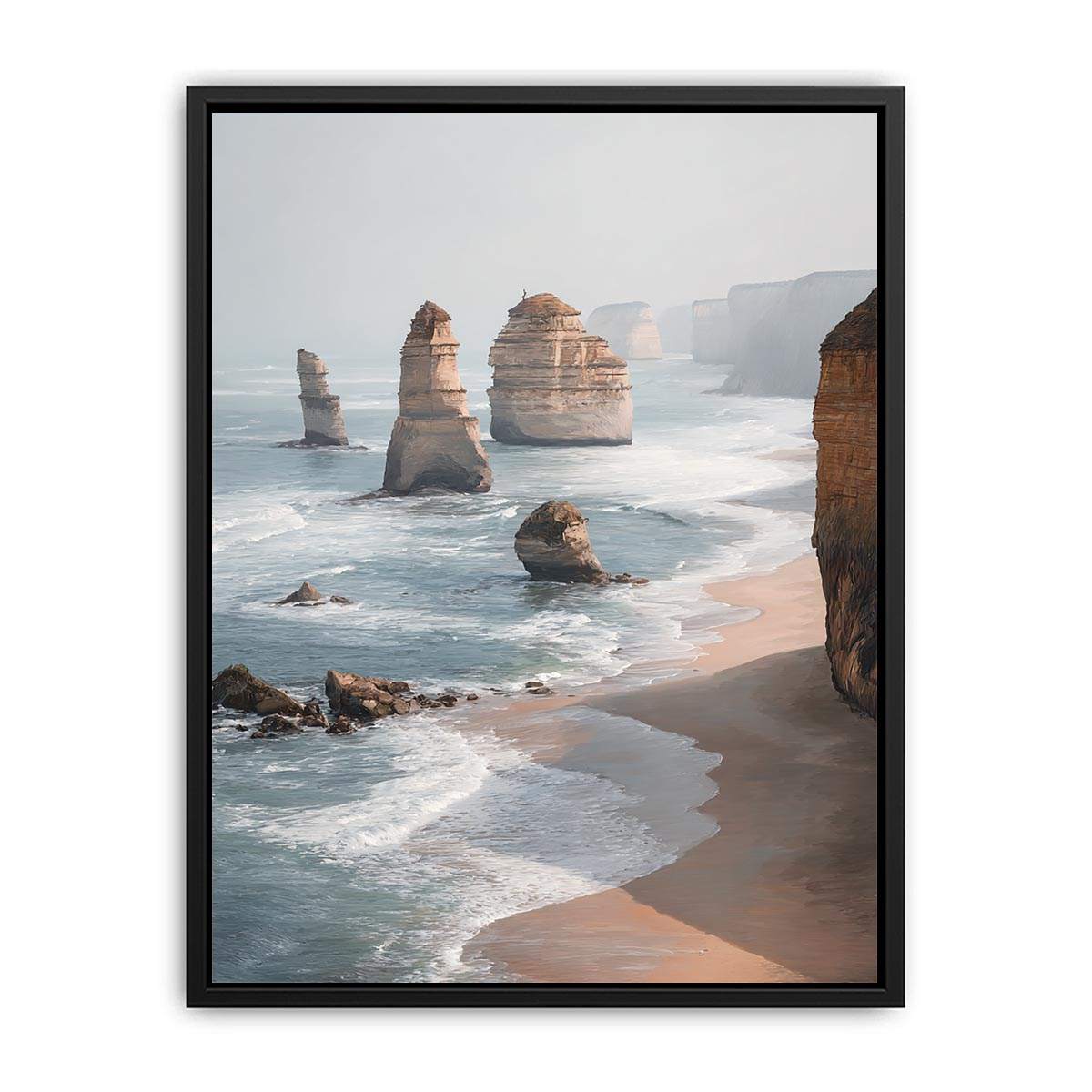 Twelve Apostles coastal canvas art with limestone cliffs and ocean for living room decor.