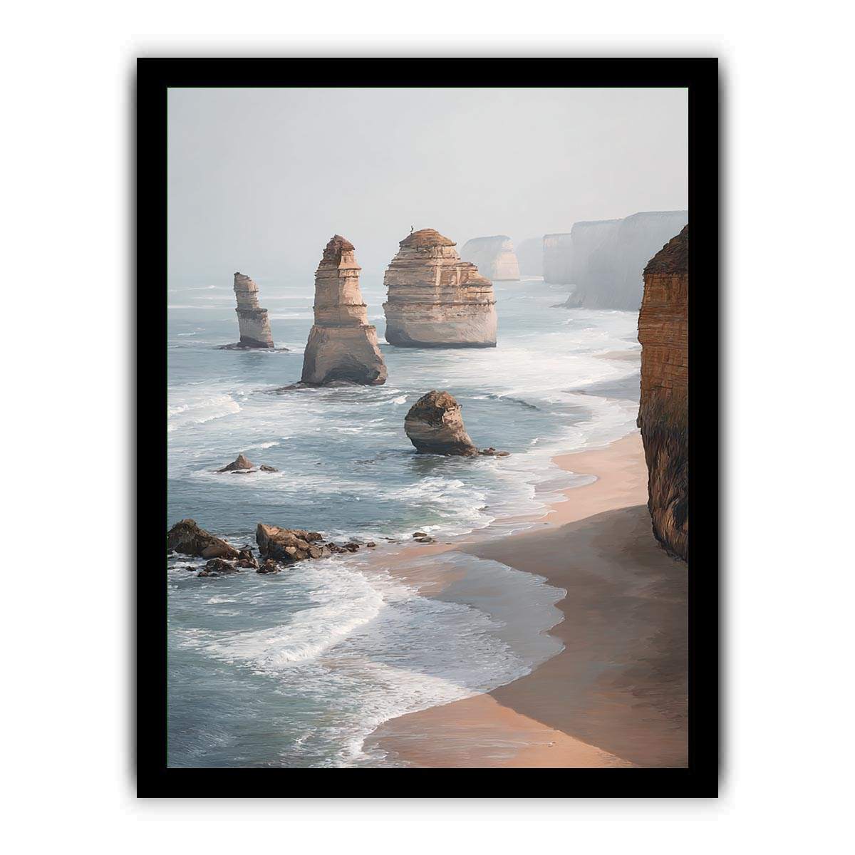 Twelve Apostles coastal canvas art with limestone cliffs and ocean for living room decor.