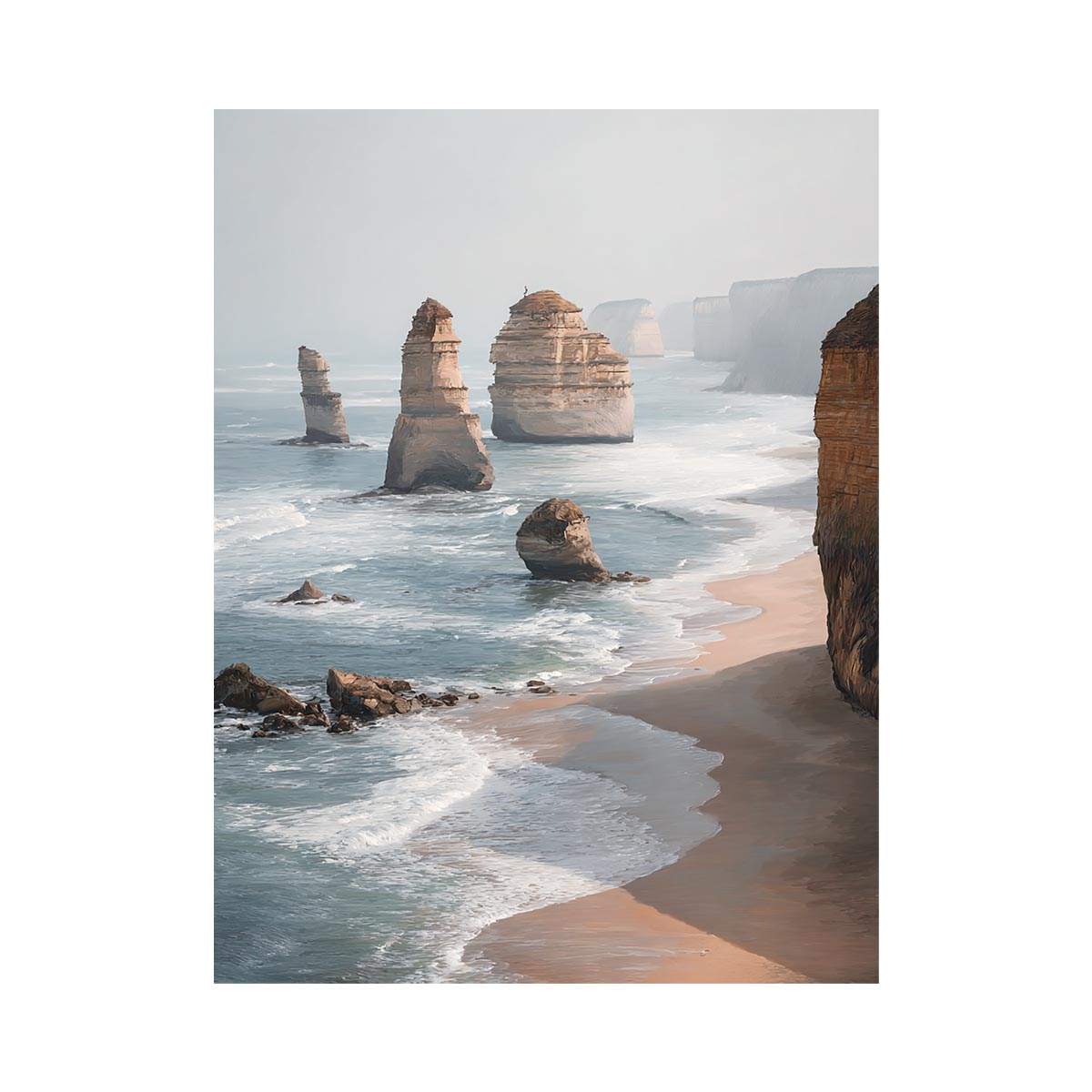 Twelve Apostles coastal canvas art with limestone cliffs and ocean for living room decor.
