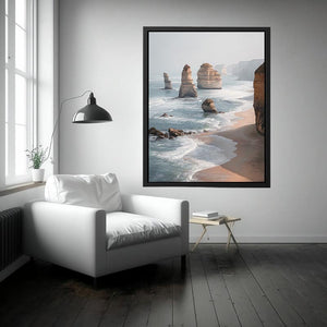 Twelve Apostles coastal canvas art with limestone cliffs and ocean for living room decor.