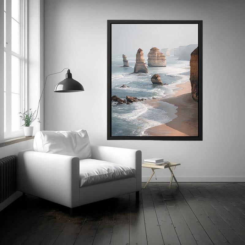 Twelve Apostles coastal canvas art with limestone cliffs and ocean for living room decor.