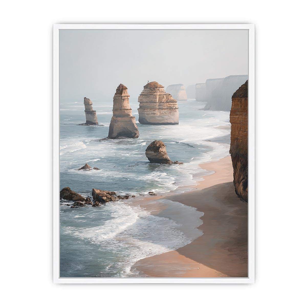 Twelve Apostles coastal canvas art with limestone cliffs and ocean for living room decor.