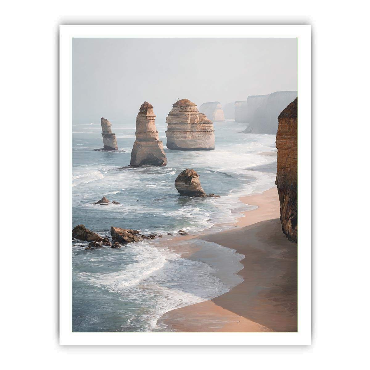 Twelve Apostles coastal canvas art with limestone cliffs and ocean for living room decor.