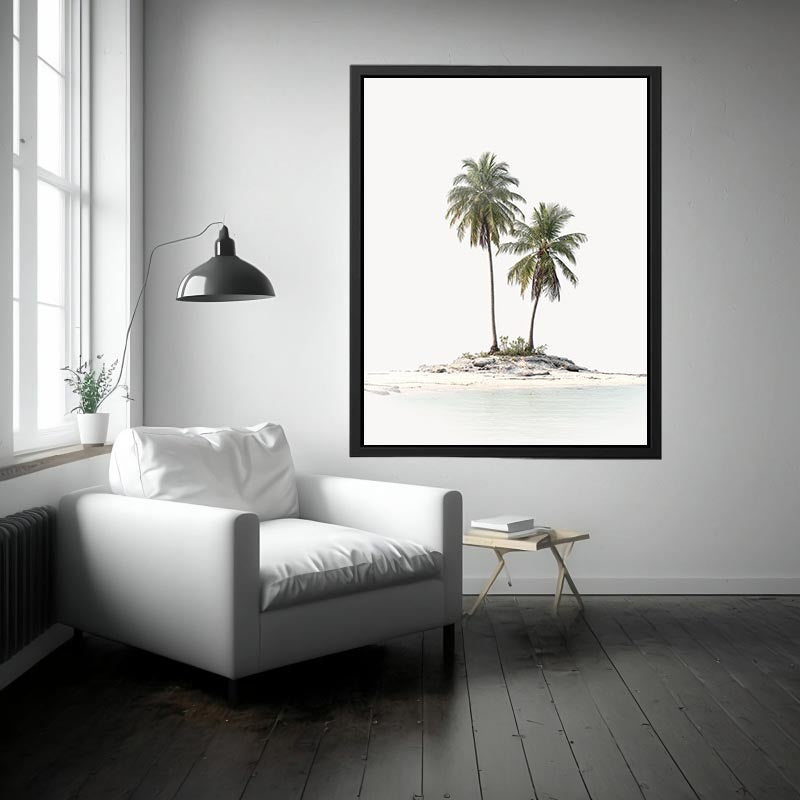 Tropical island with two palm trees artwork for coastal living room decor