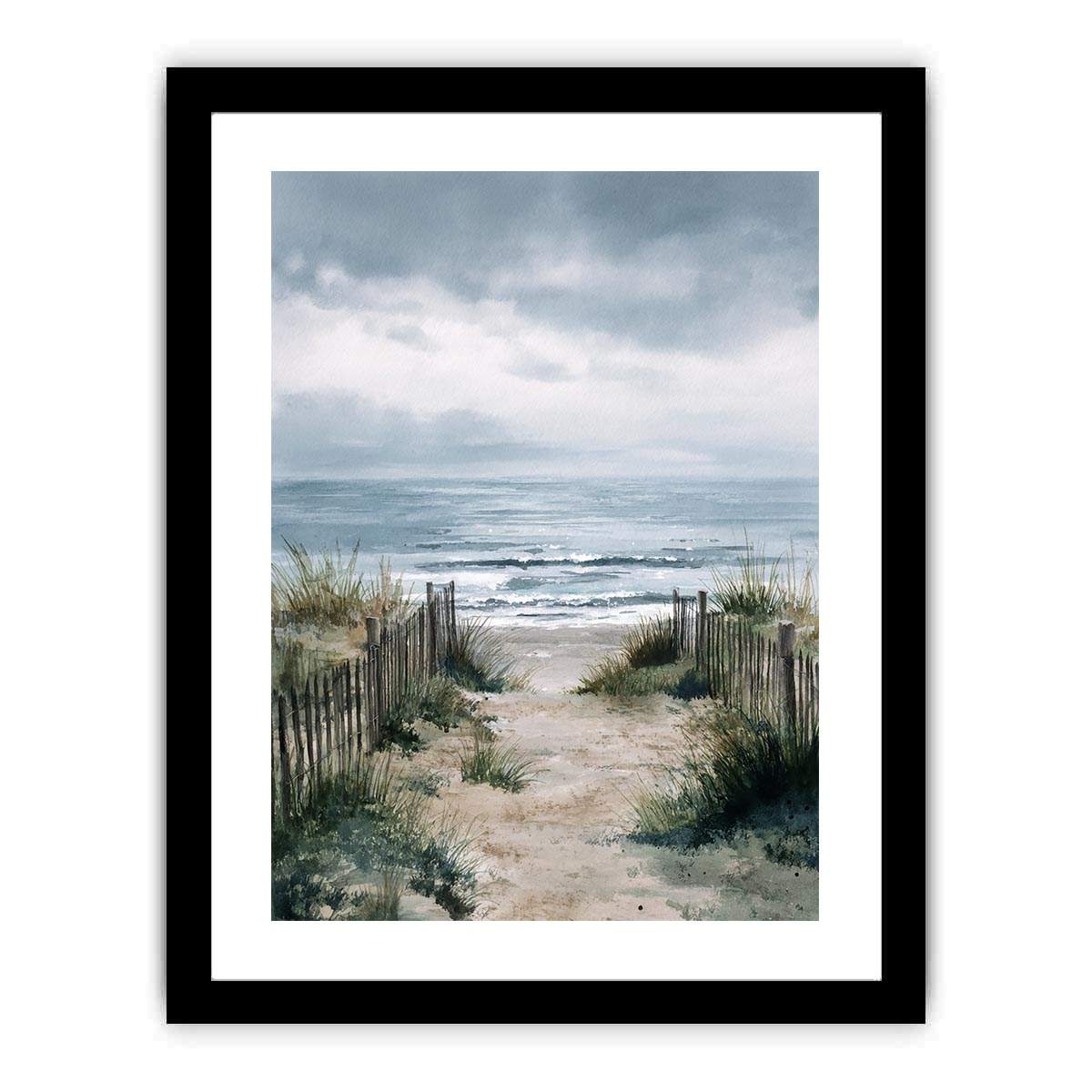 Coastal beach pathway watercolor artwork for coastal living room decor