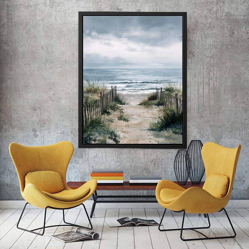 Coastal beach pathway watercolor artwork for coastal living room decor