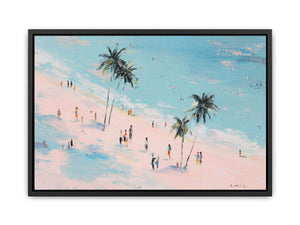 Beach scene with palm trees and people artwork for coastal living room decor