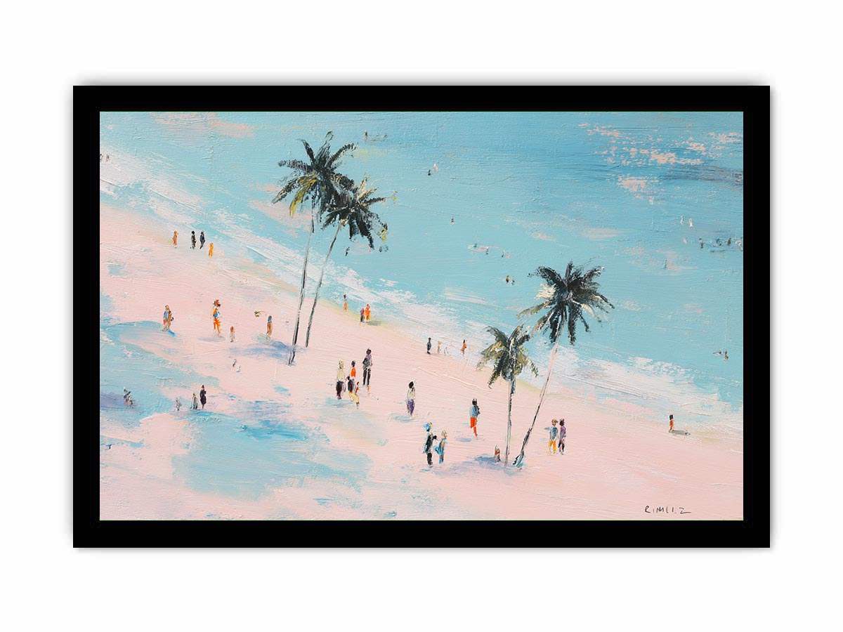 Beach scene with palm trees and people artwork for coastal living room decor